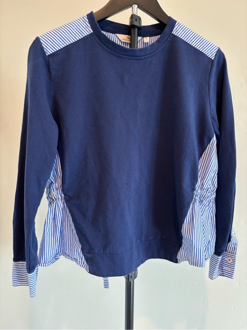 Vineyard Vines Mixed Media Striped Pullover Top Navy Blue White S